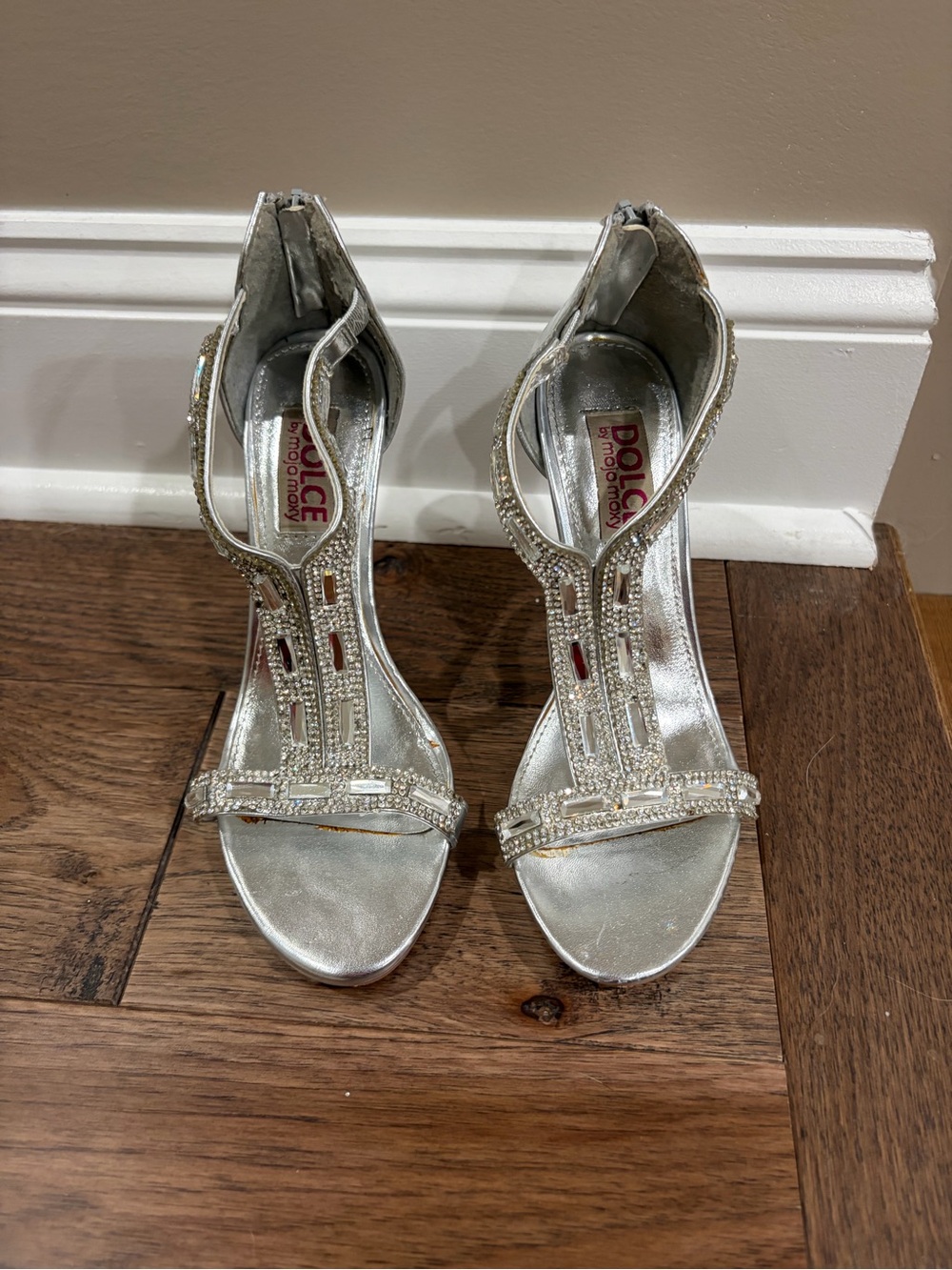 Silver Embellished T-Strap Heels
